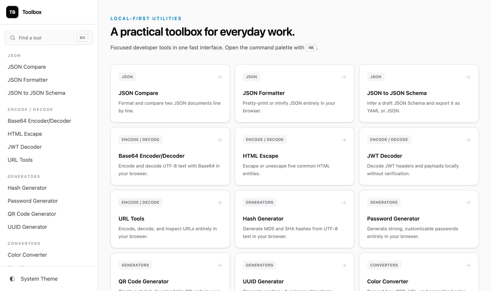 Dev Utilities — the tool grid, with JSON, encoding, generator and converter tools