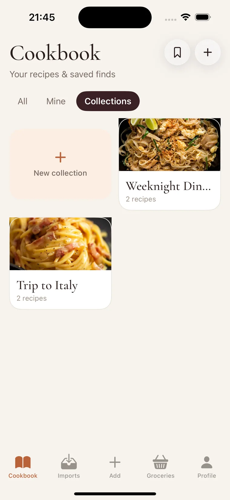 MyRecipes2u collections — albums of recipes like Weeknight Dinners