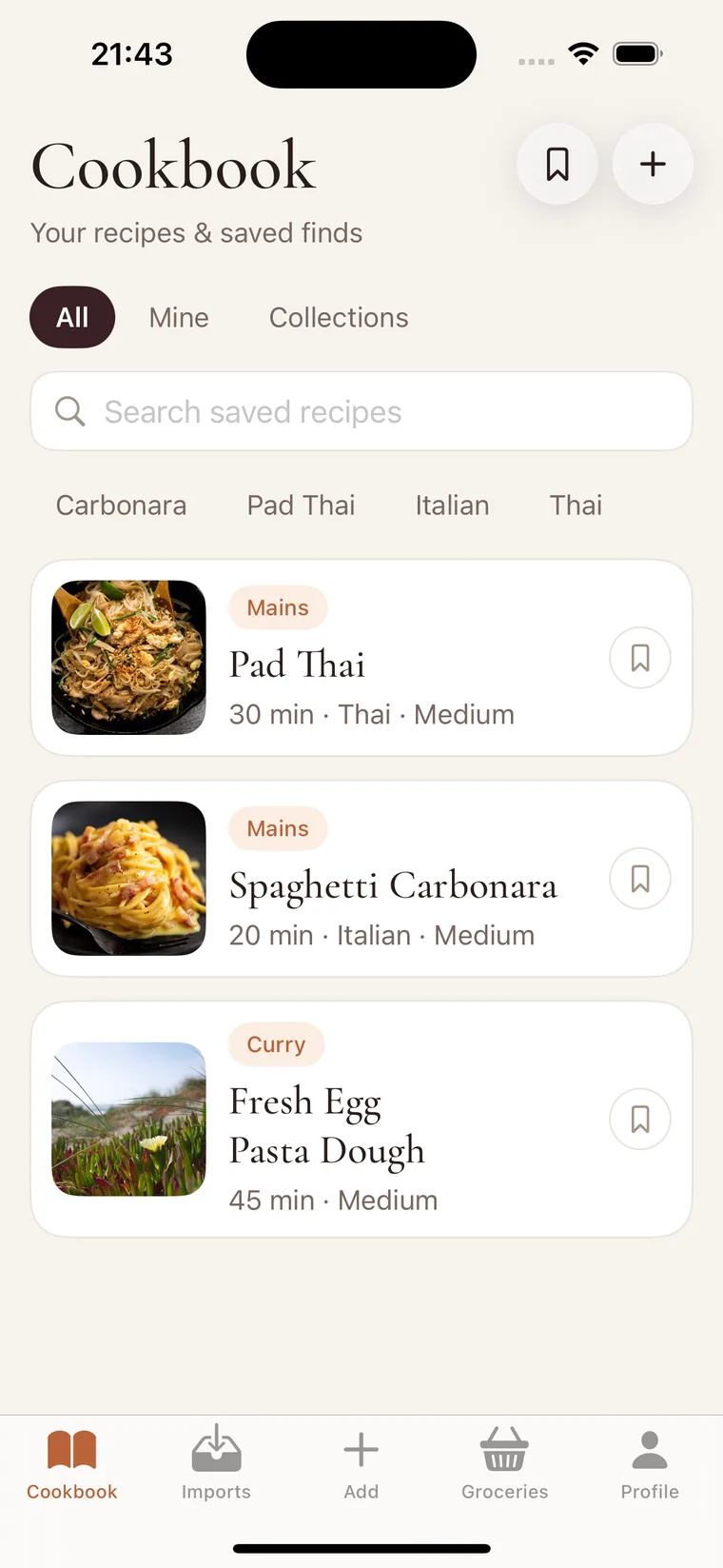 MyRecipes2u cookbook with imported recipes, photos and cuisine filters