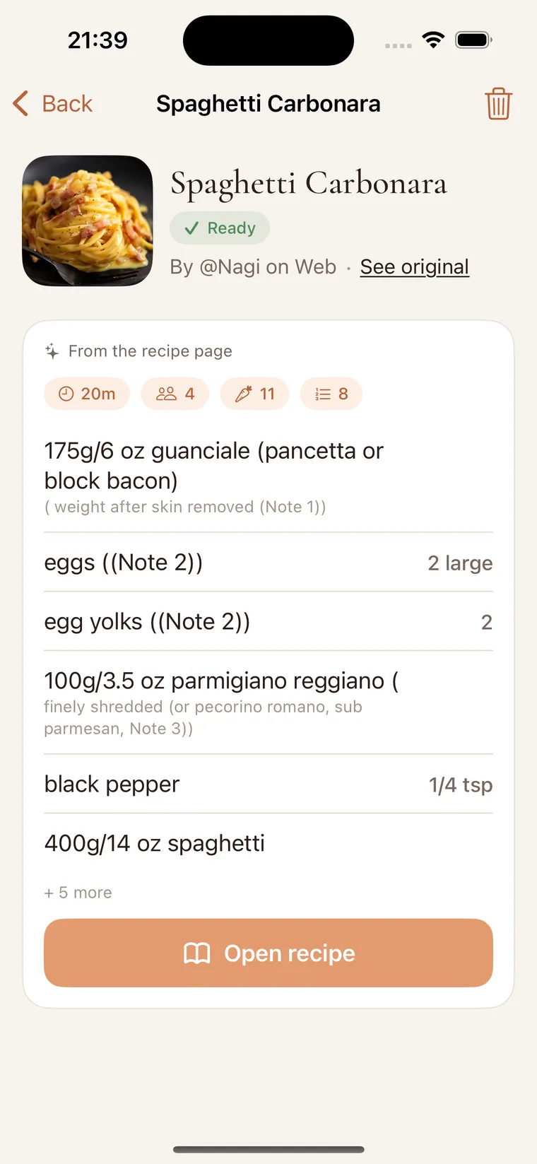 MyRecipes2u turning a shared video into a structured recipe with time, serves, ingredients and steps