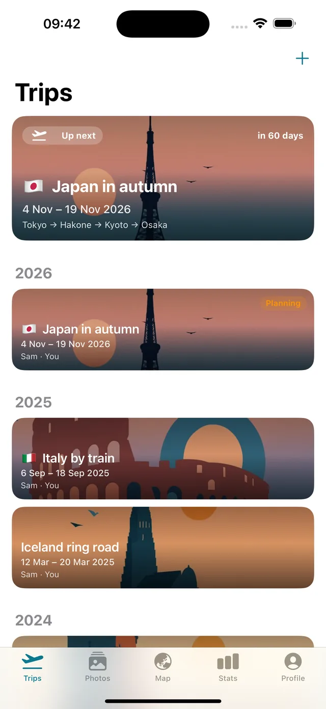 Trvlrr trips list with generated poster art for each destination